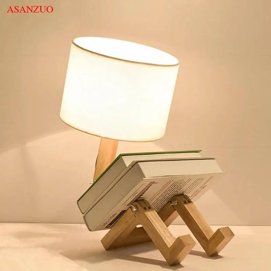 Wooden Robot Shaped Table Lamp Art Decor Home Living Room Bedroom bedside lamps Study Desk Lamp E14 Wood Luminaires